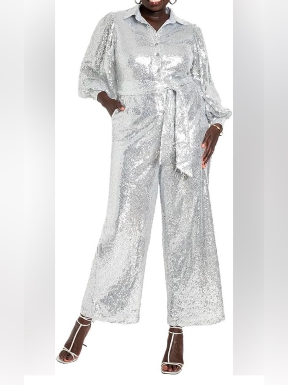 Eloquii Silver Sequin Jumpsuit with Belt & Collar Size 26W